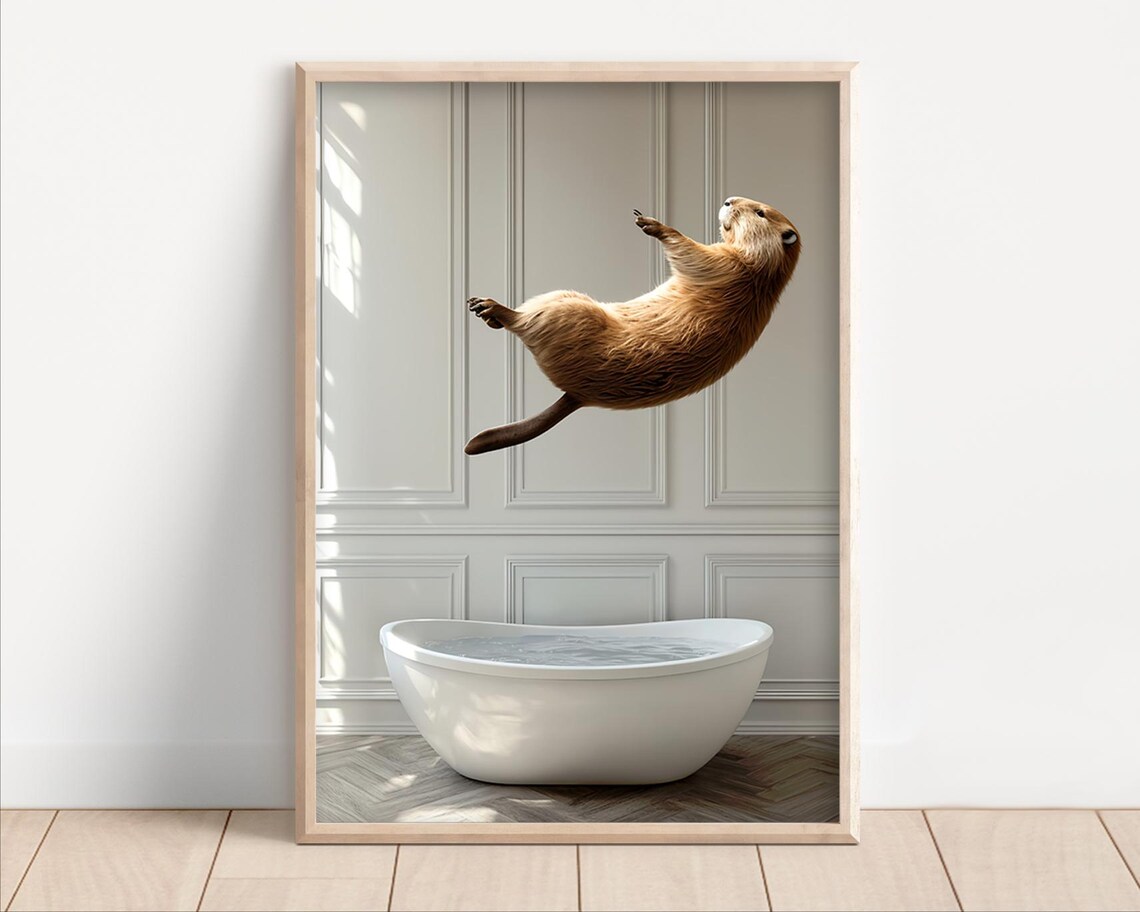 Beaver Jumping Into Bathtub Poster Or Canvas Funny Bathroom Wall Art Decor Animals Taking A Bath Cute Print Animal