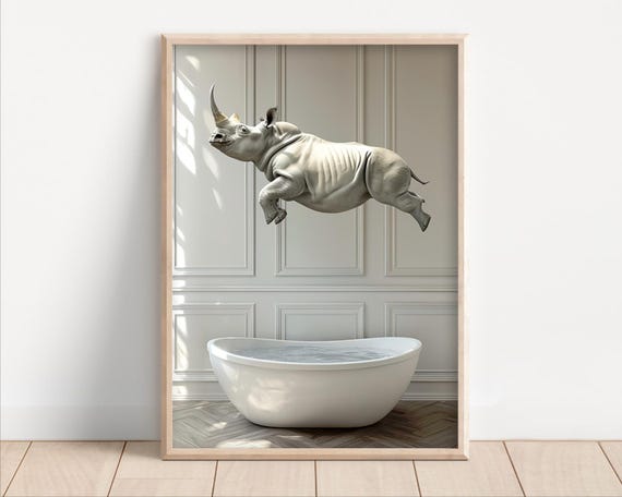 Rhino Jumping Into Bathtub Poster Or Canvas Funny Bathroom Wall Art Decor Animals Taking A Bath Cute Rhinoceros Print Animal
