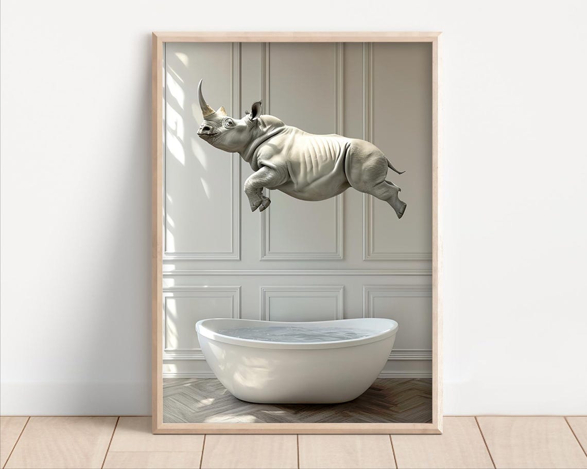 Rhino Diving Into Bathtub Elegant White Bathroom Funny Wall Art