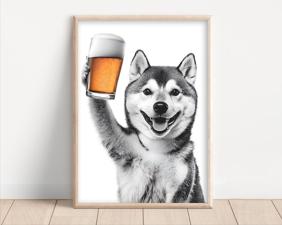 Shiba Inu Dog Drinking Beer Poster Or Canvas Lover Decor Alcohol Humor Funny Kitchen Wall Art Owner Gift Home Bar Print