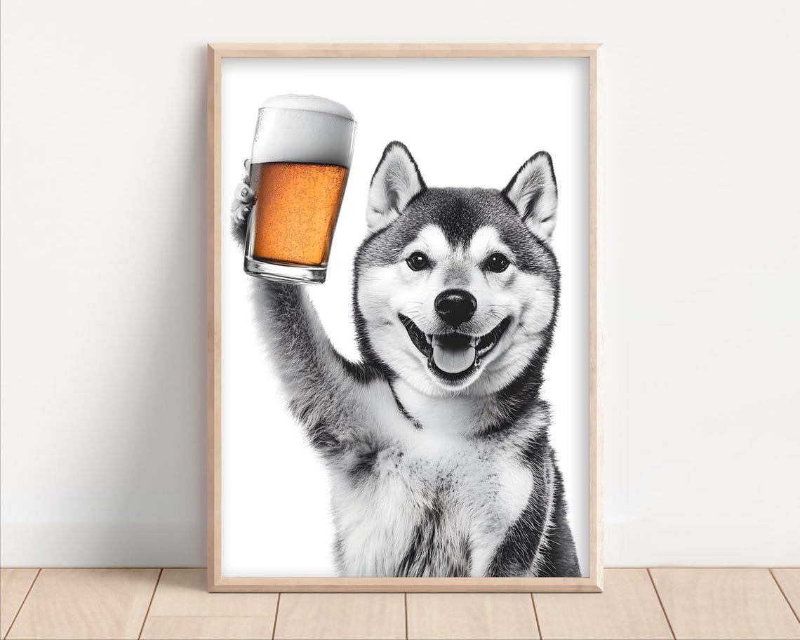 Happy Shiba Inu Dog Toasting With Beer Funny Animal Wall Art