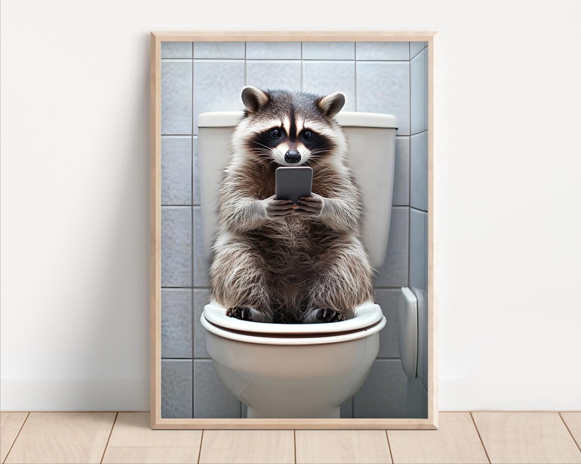 Raccoon Sitting on the Toilet Funny Bathroom Art Print