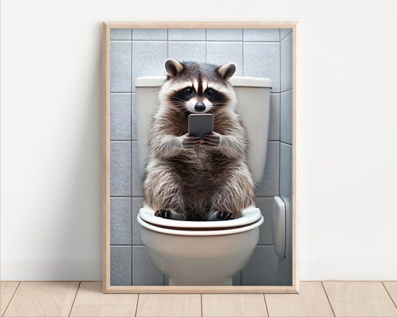 Raccoon Sitting on the Toilet Funny Bathroom Art Print