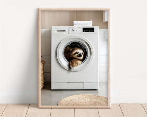 Sloth In A Washing Machine Poster Or Canvas Funny Bathroom Wall Art Cute Laundry Room Decor Retro Animals Print