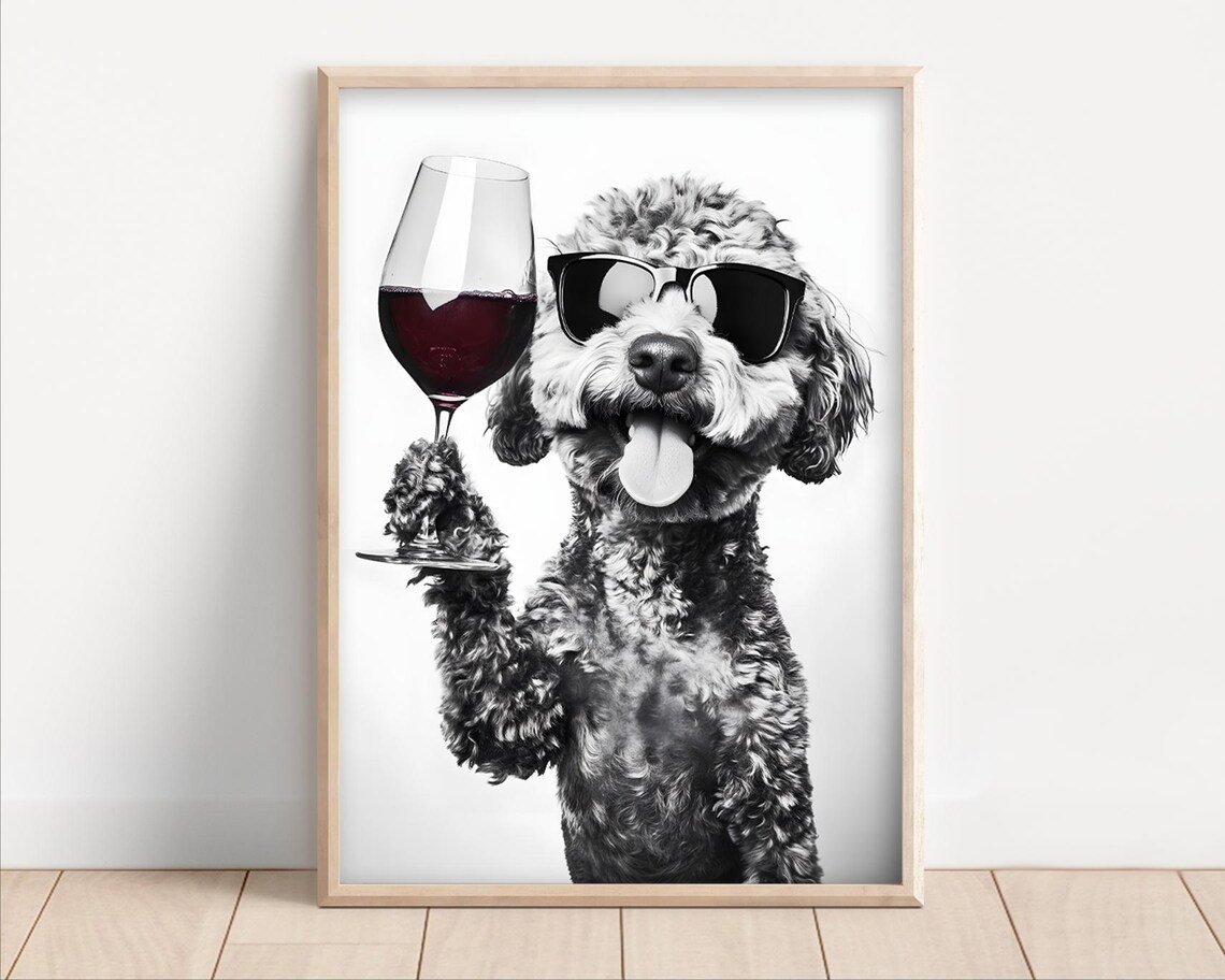 Labradoodle Dog Drinking Wine Wearing Sunglasses Art Print