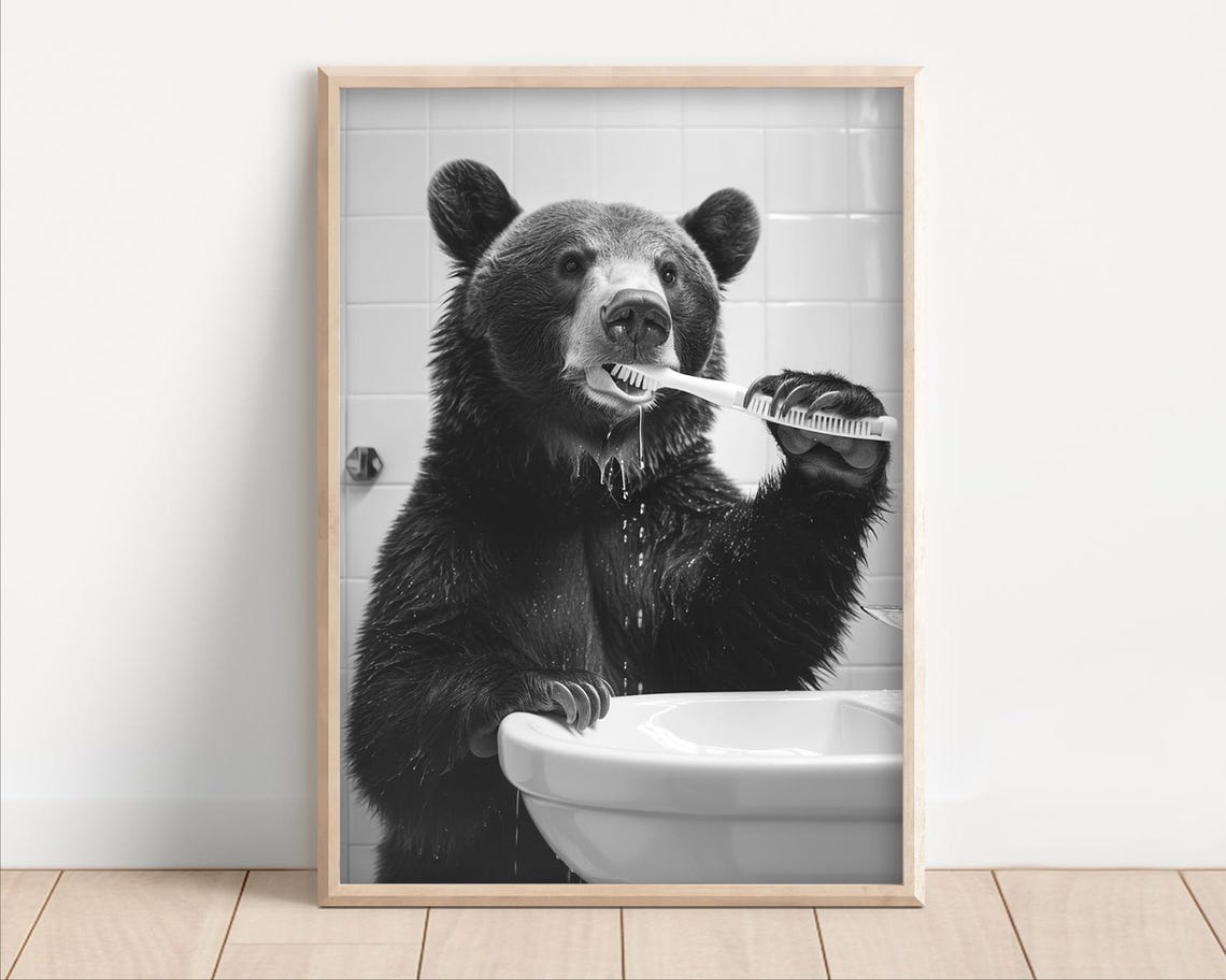 Funny Black Bear Brushing Teeth At White Bathroom Sink Poster