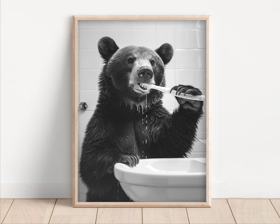 Bear Brushing Teeth Poster Or Canvas Funny Bathroom Wall Art Kids Laundry Room Decor Vintage Style Retro Animal Print Cute Humor