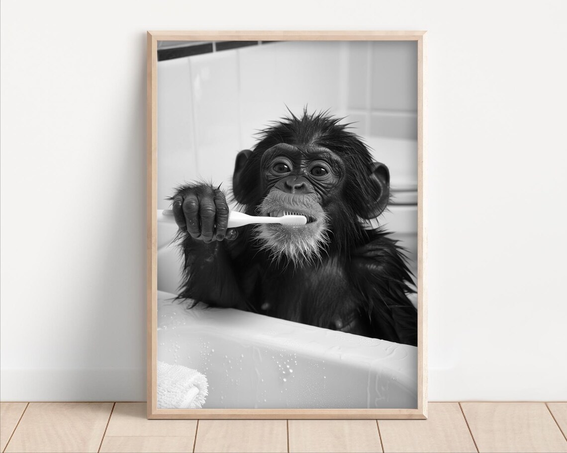 Monkey Brushing Teeth Funny Bathroom Wall Art Print
