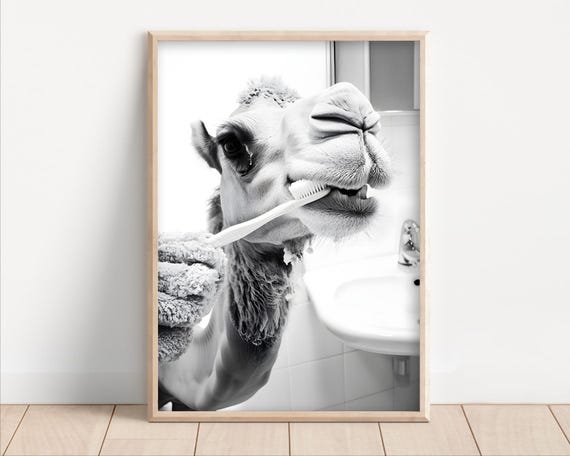 Camel Brushing Teeth Poster Or Canvas Funny Bathroom Wall Art Kids Laundry Room Decor Retro Animal Humor Cute Print