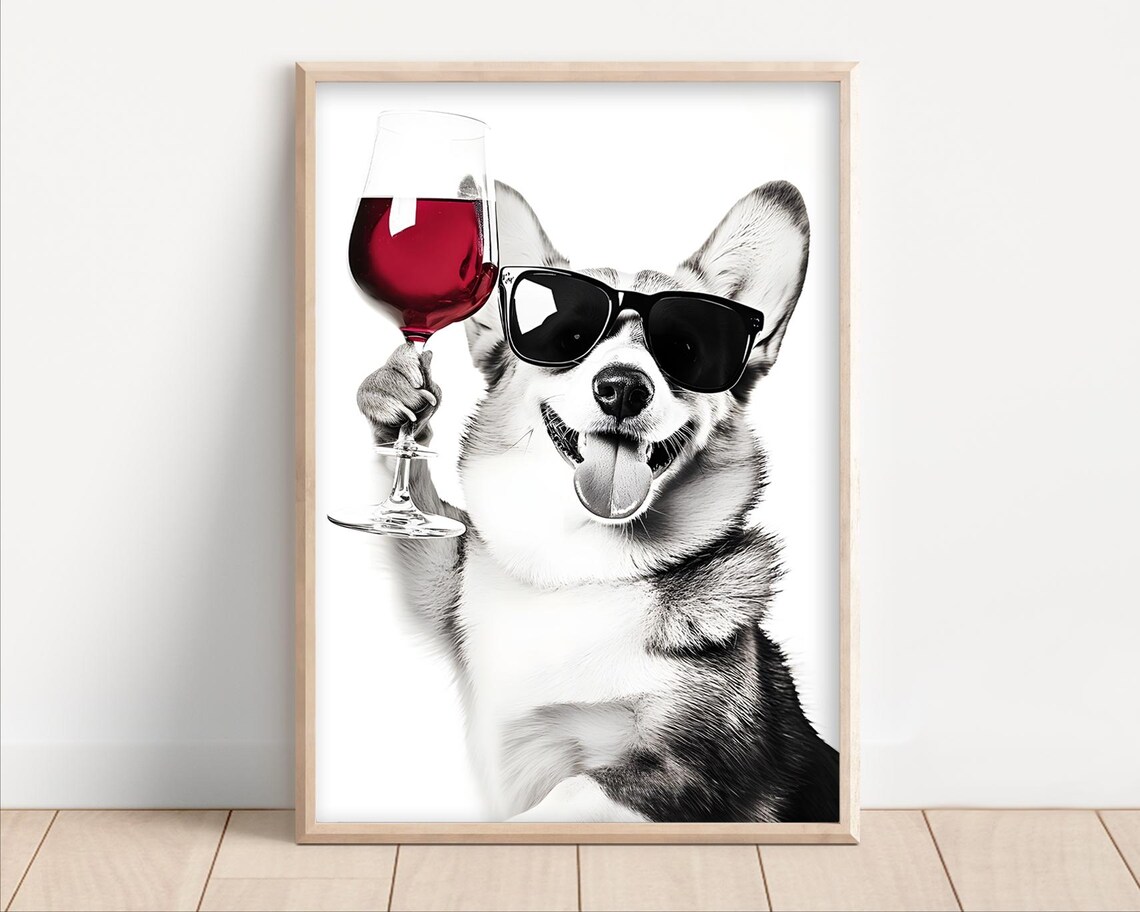 Corgi Dog Drinking Wine, Funny Kitchen Wall Art