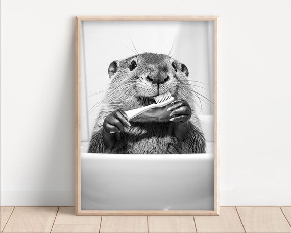 Beaver Brushing Teeth Retro Animal Poster Print
