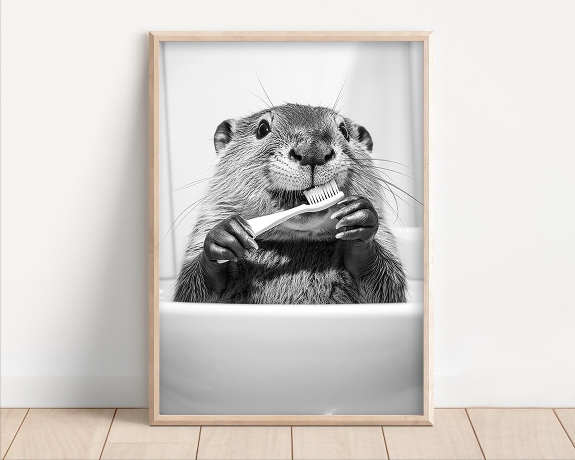 Beaver Brushing Teeth Retro Animal Poster Print