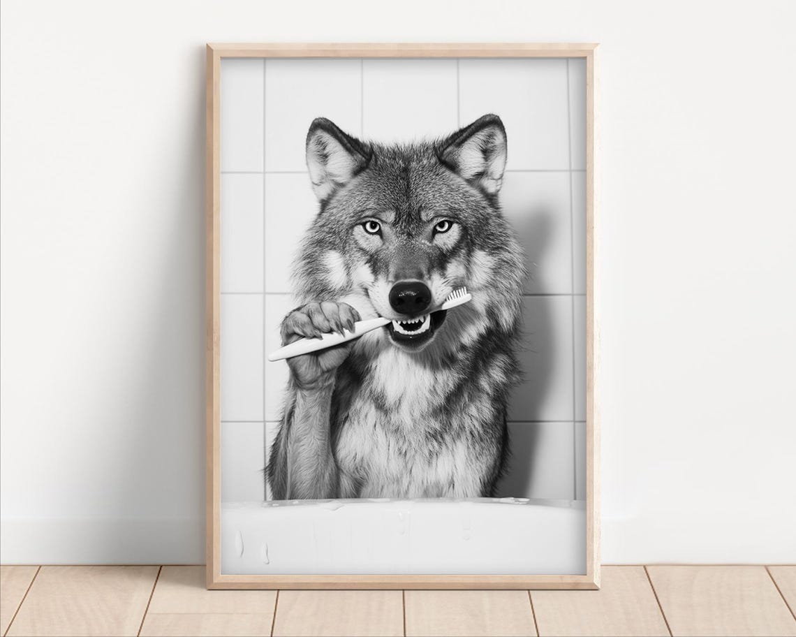 Funny Wolf Brushing Teeth in Bathtub Black and White Bathroom Poster