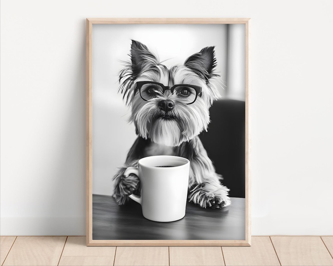 Yorkshire Terrier Drinking Coffee Wall Art Print