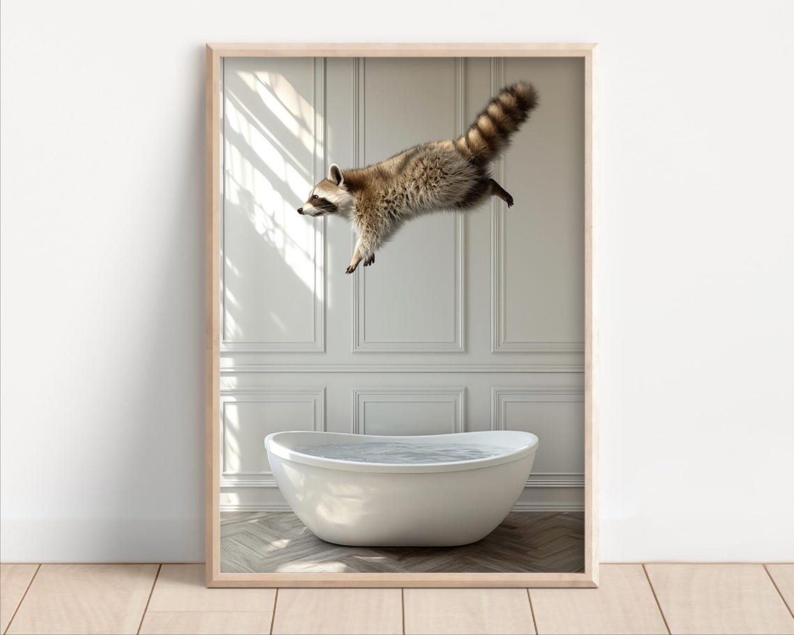 Raccoon Diving Into Bathtub Elegant White Bathroom Funny Print