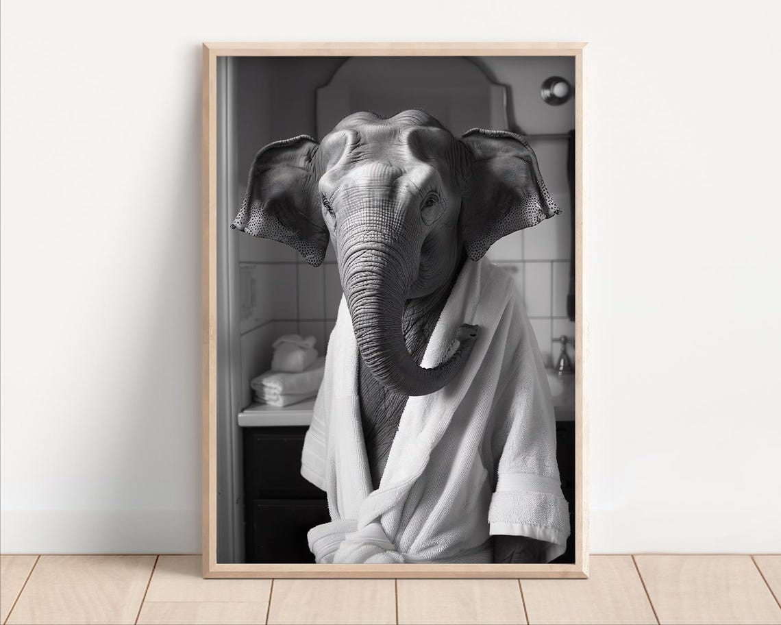 Funny Elephant Wrapped In Bathrobe In Stylish Bathroom Poster