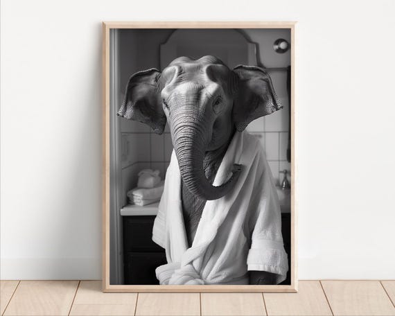 Elephant Wearing A Bathrobe Poster Canvas Funny Bathroom Wall Art Cute Animals In Kids Laundry Room Decor Print
