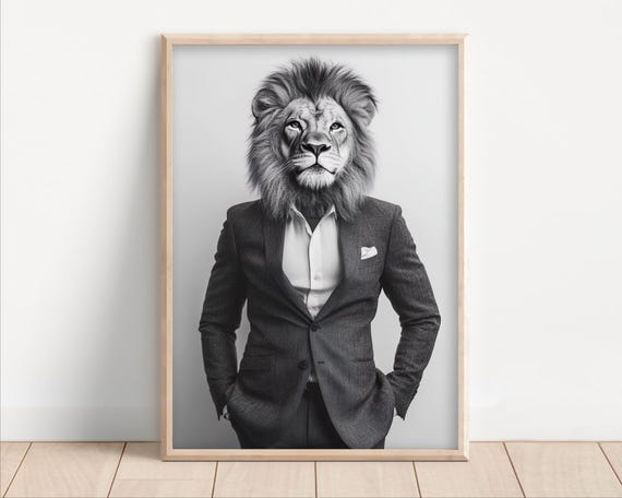 Lion Wearing A Business Suit Funny Office Wall Art Print Animal Home Decor Success Quirky Humor Cute Retro Photo