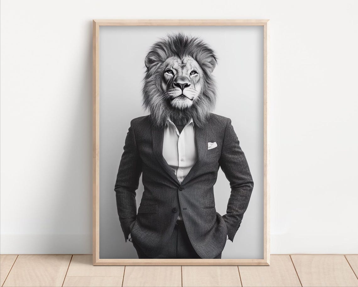 Lion Head In Sharp Business Suit Black And White Office Poster