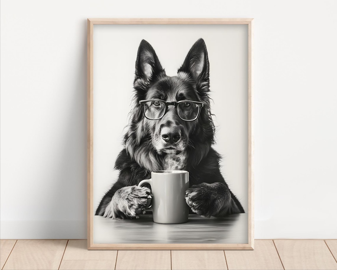 German Shepherd Dog Drinking Coffee, Funny Kitchen Art