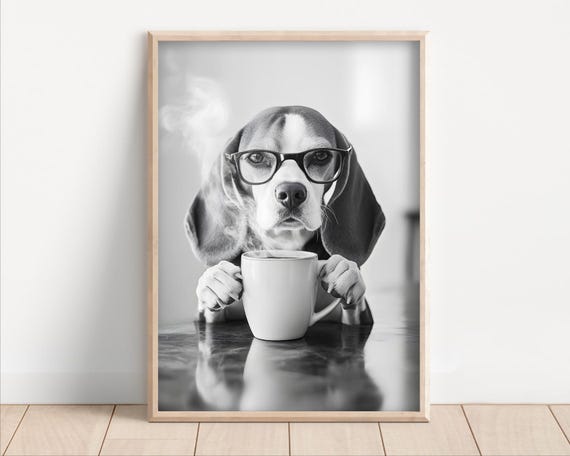 Beagle Dog Drinking Coffee Wearing Glasses Poster Or Canvas Funny Kitchen Wall Art Lover Humor Cute Animal Decor Lovers