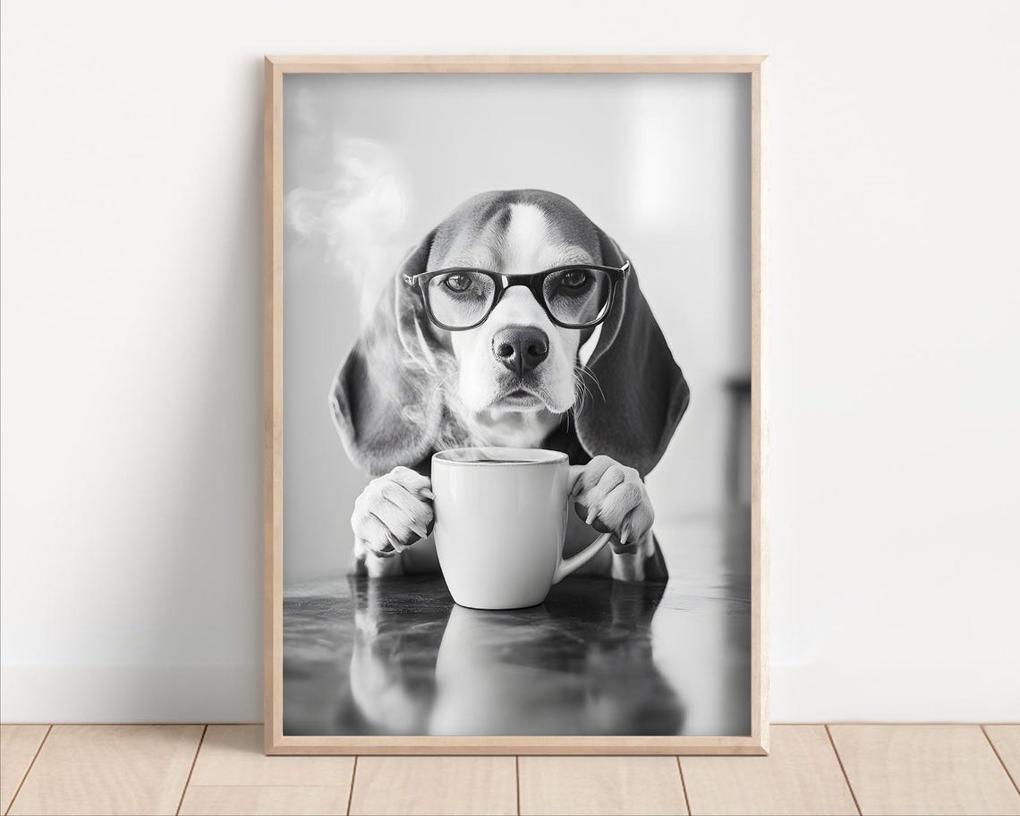 Funny Beagle Dog With Glasses Drinking Coffee Kitchen Wall Art
