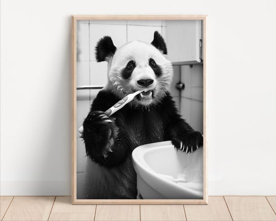 Panda Brushing Teeth Poster Or Canvas Funny Bathroom Wall Art Kids Laundry Room Decor Vintage Style Retro Animal Print Cute Humor