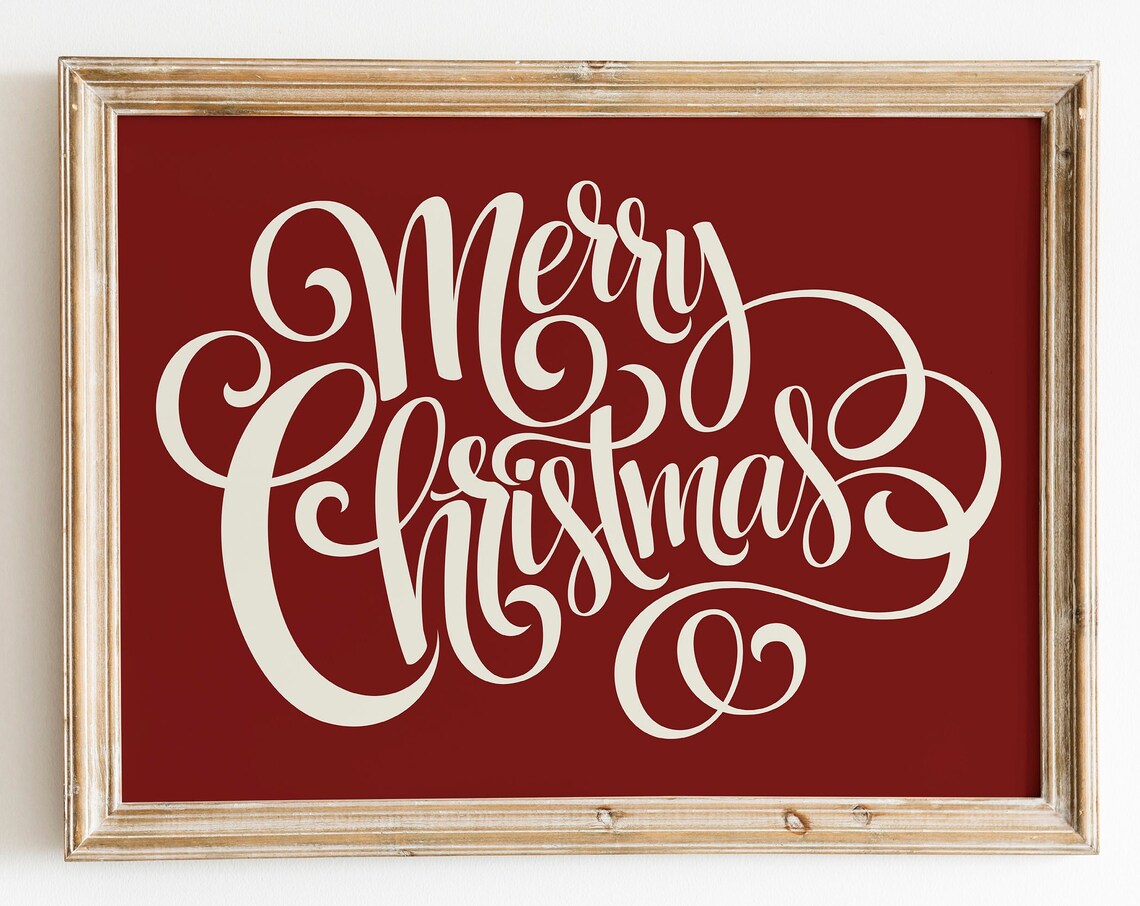 Merry Christmas Script Typography Holiday Sign Cream on Red Wall Art