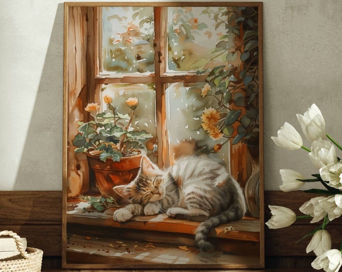 Sleeping Gray Tabby Kitten On A Windowsill Watercolor Poster