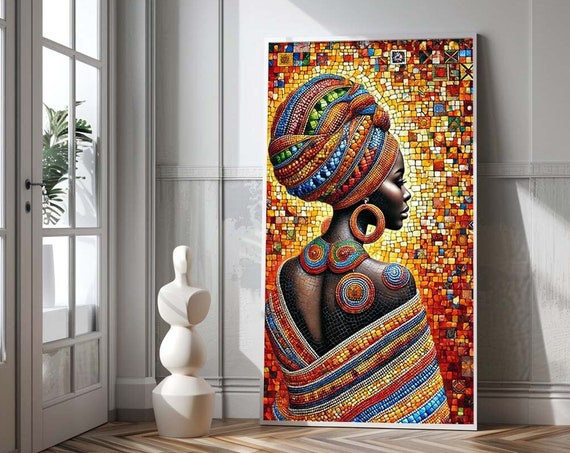 Vibrant Mosaic African Woman Canvas Colorful Art Wall Print Cultural Decor Ready To Hang Ethnic
