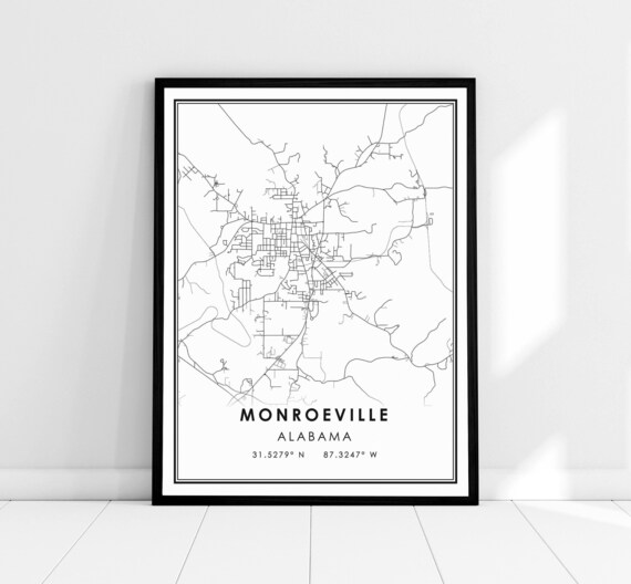 Monroeville Alabama Minimalist Black And White Street Map City Poster
