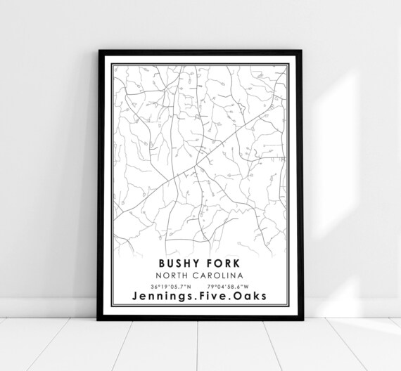 Bushy Fork North Carolina Road Map Minimalist Black Line Wall Art