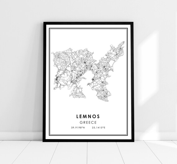 Lemnos Greece Island Line Map Coordinates Minimalist Wall Art