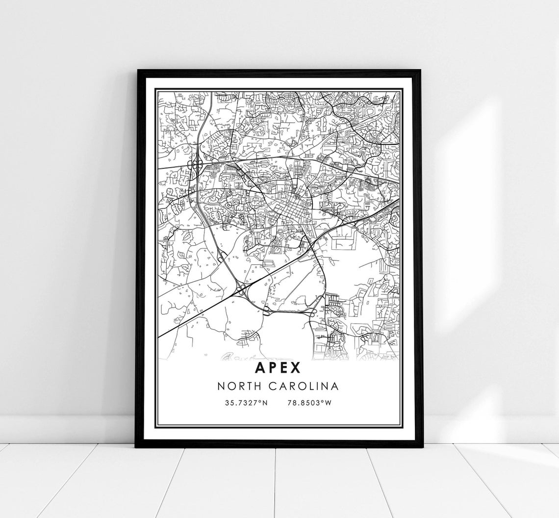 Apex North Carolina Minimalist Black White Street Map Poster