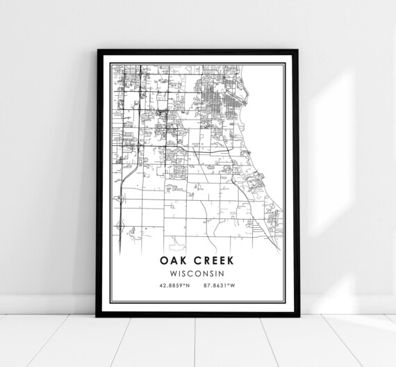 Oak Creek Wisconsin Minimalist Street Map Print Modern Black Linework Decor