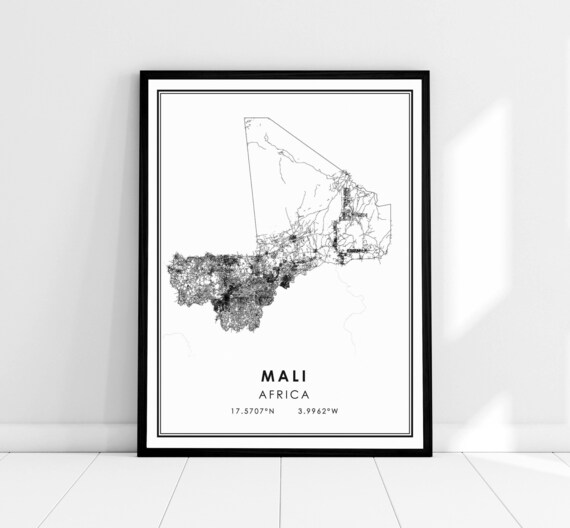 Mali Africa Minimalist Country Outline Map Line Art Travel Poster