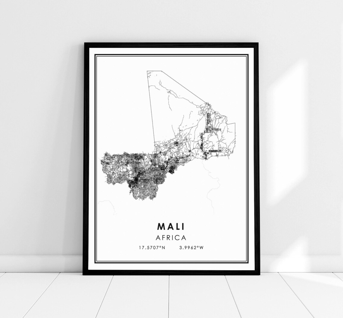 Mali Africa Minimalist Country Outline Map Line Art Travel Poster