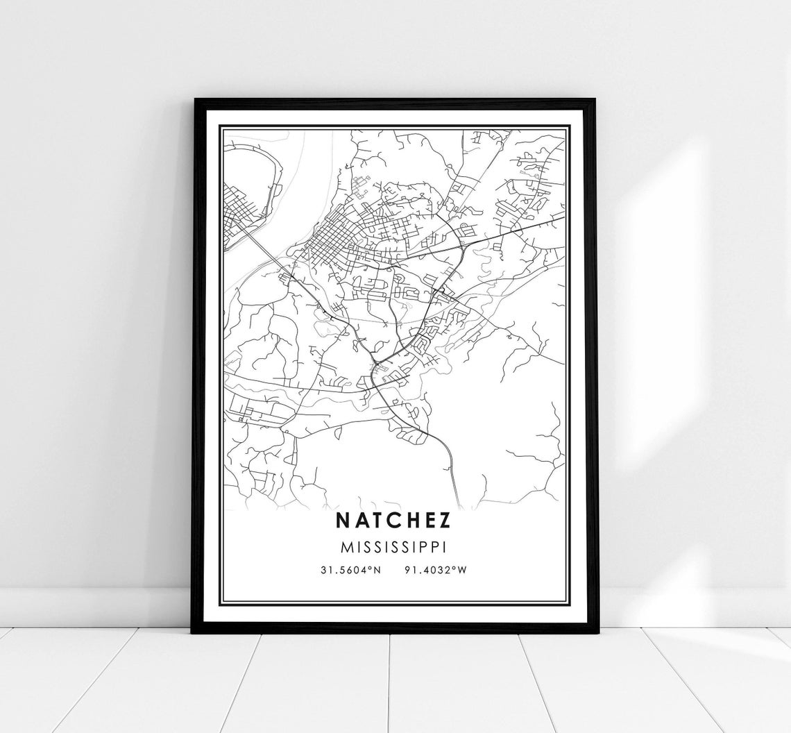 Natchez Mississippi Street Map With Coordinates Minimalist Art Print