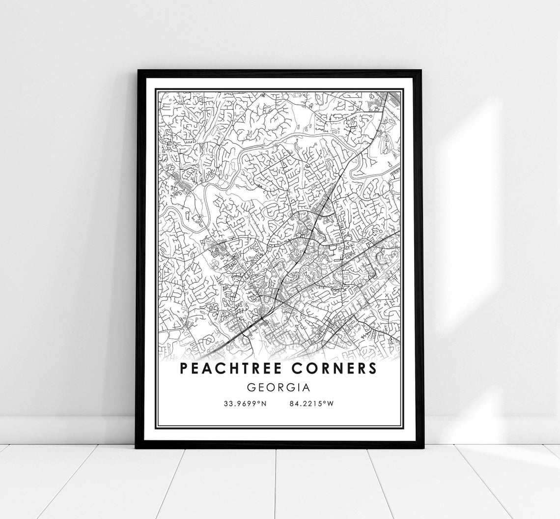 Peachtree Corners Georgia Black and White City Street Map Print