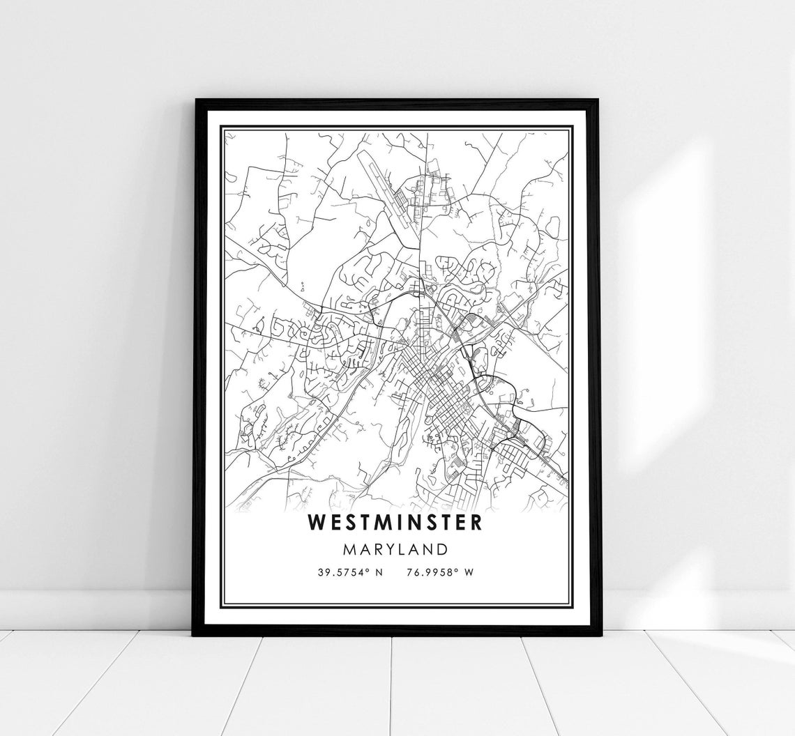 Westminster Maryland City Street Map Minimalist Print With Coordinates
