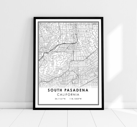 South Pasadena California Minimalist Black and White Map Poster