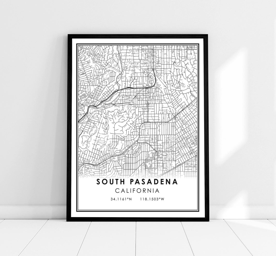 South Pasadena California Minimalist Black and White Map Poster