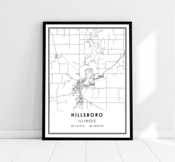 Hillsboro Illinois Minimalist Black and White Street Map Poster
