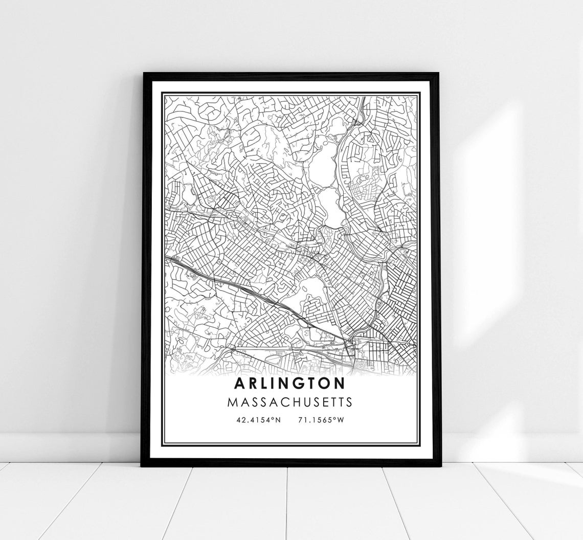 Arlington Massachusetts City Street Map Coordinates Black White Poster