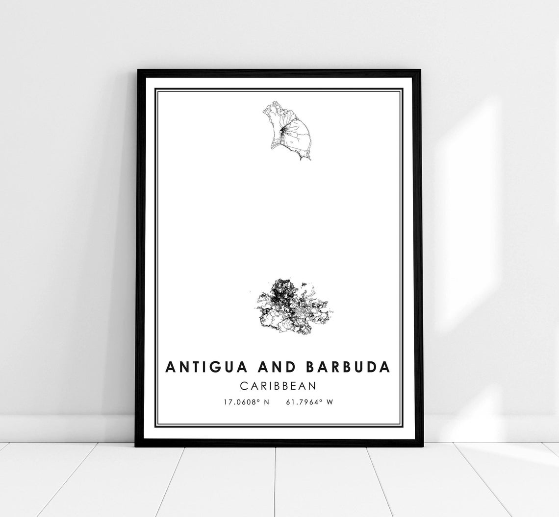 Antigua and Barbuda Caribbean Islands Line Map Travel Wall Art