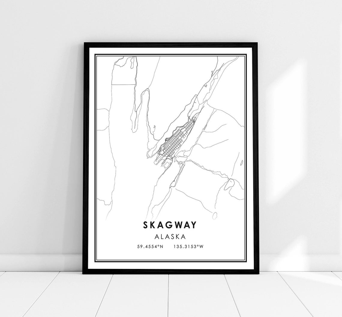 Skagway Alaska City Map Wall Art with Coordinates Minimalist Design