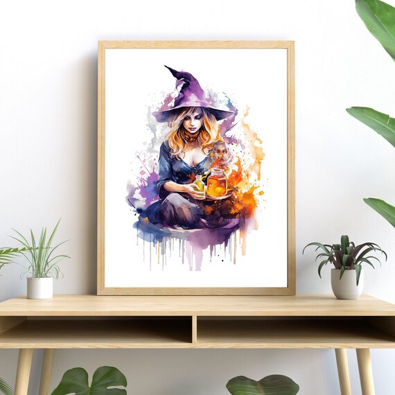 Witch Brewing Potions Watercolor Halloween Decor
