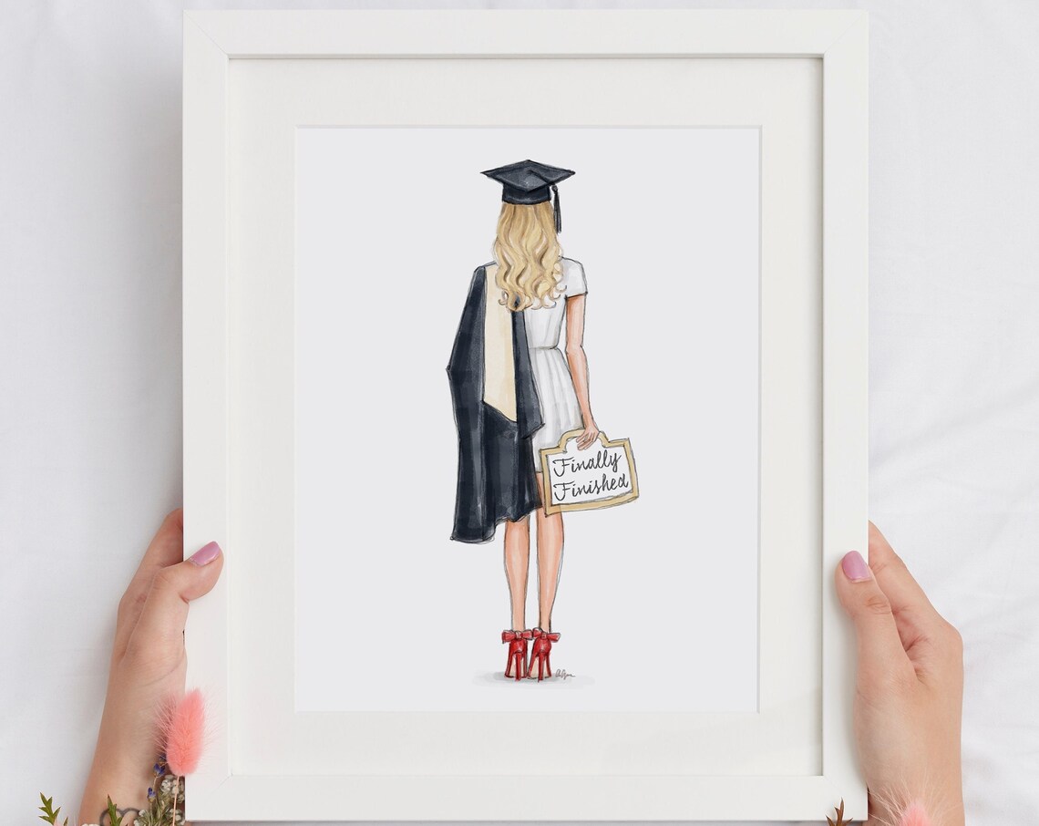 Blonde Graduate Holding Finally Finished Sign in Red Heels Poster