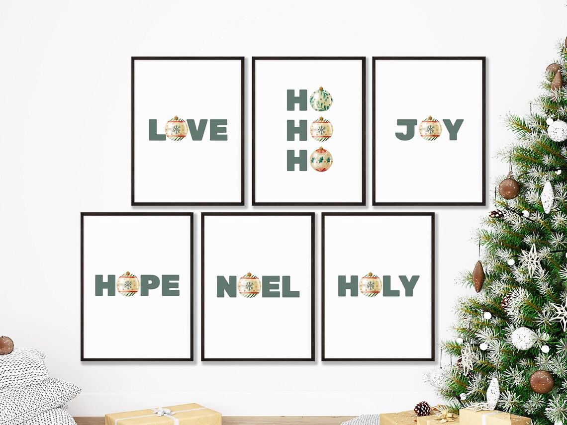 Christmas Typography Set Of 6 Sage Green Holiday Words Poster