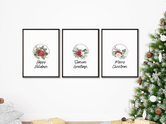 Christmas Wreath Floral Set Of 3 Merry Christmas Holiday Poster
